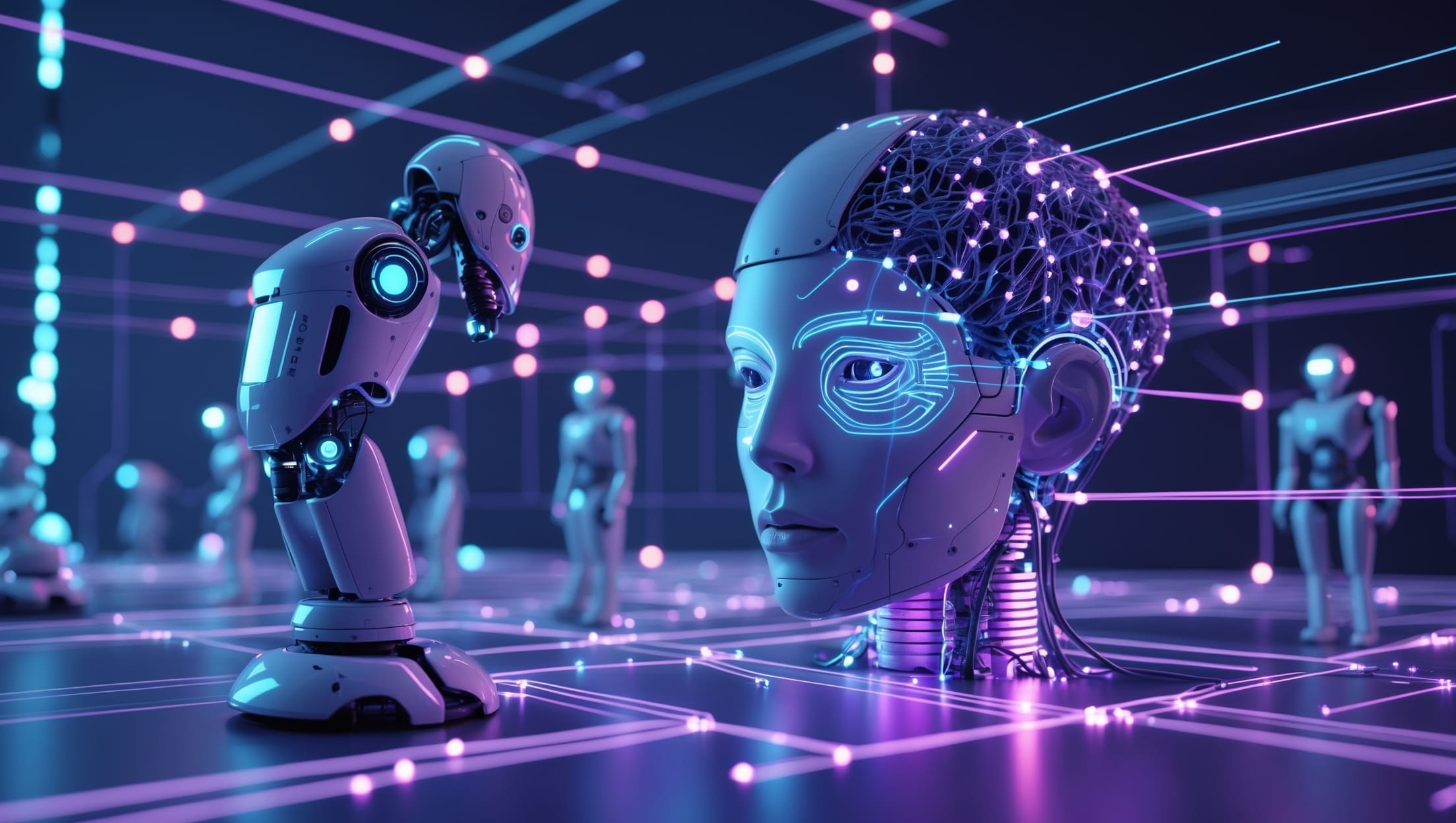 Science fiction scene with robots and a mechanical head in a futuristic setting