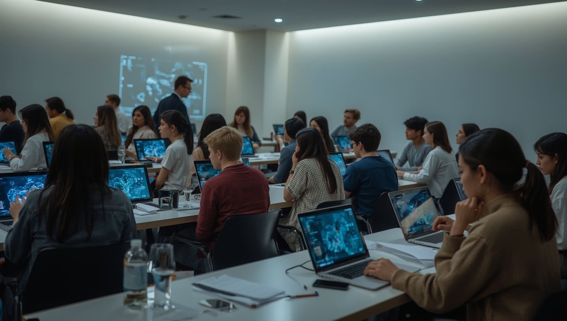 Group of people in a classroom setting with laptops and a projector screen.