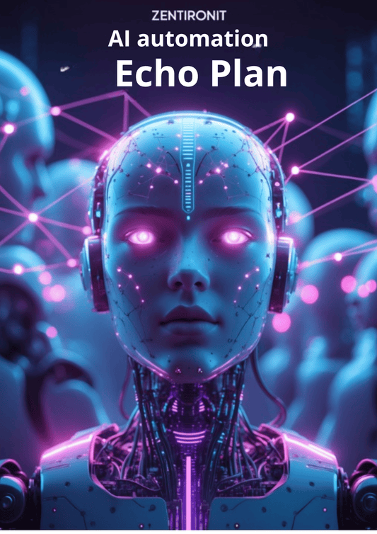 Artificial intelligence robot with glowing eyes and network-like background, featuring the text 'Zentironit AI automation Echo Plan'.