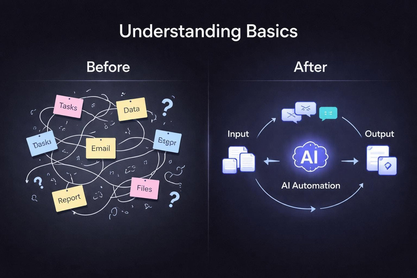 Comparison of 'Before' and 'After' diagrams on understanding basics with AI automation.