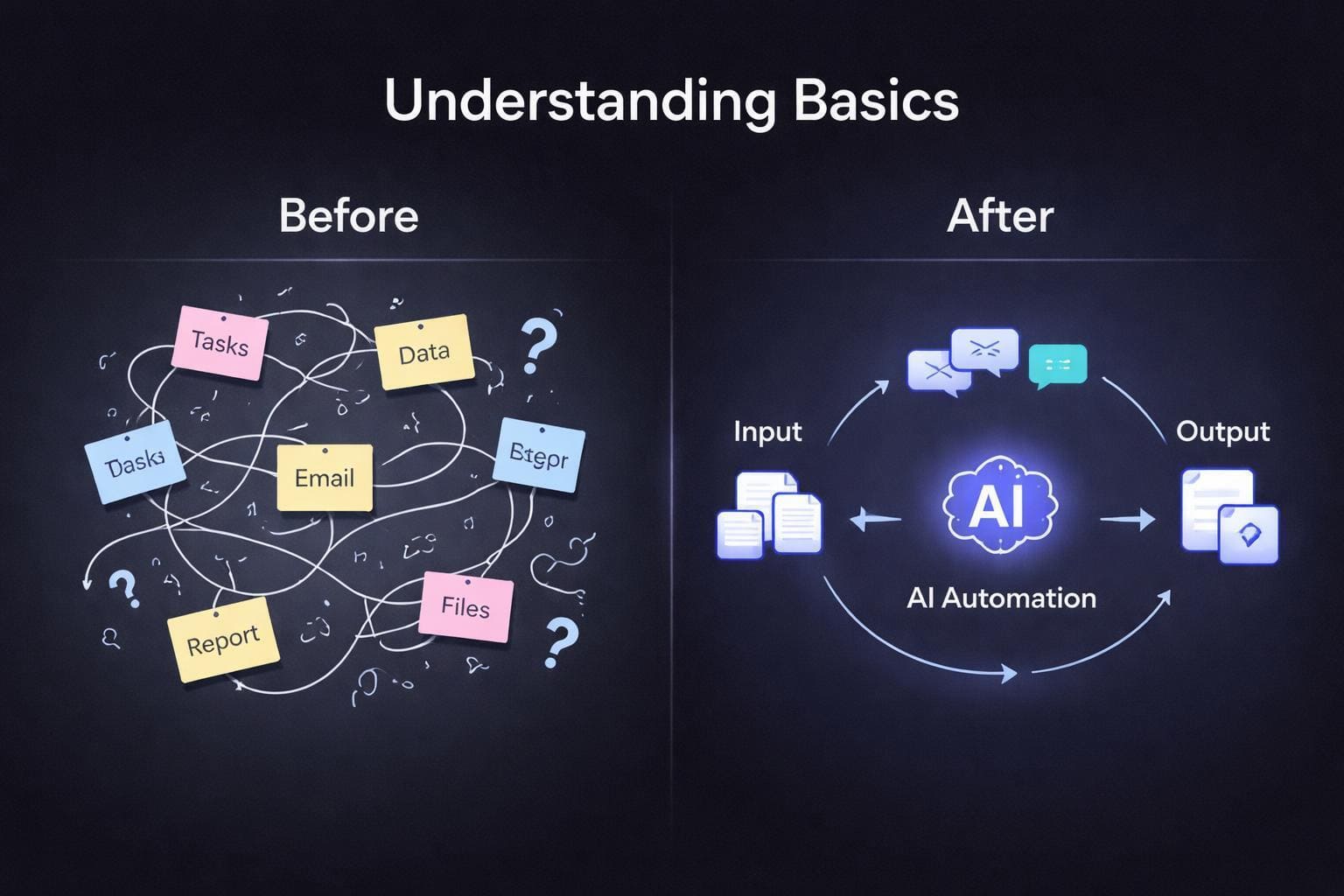 Comparison of 'Before' and 'After' diagrams on understanding basics with AI automation.
