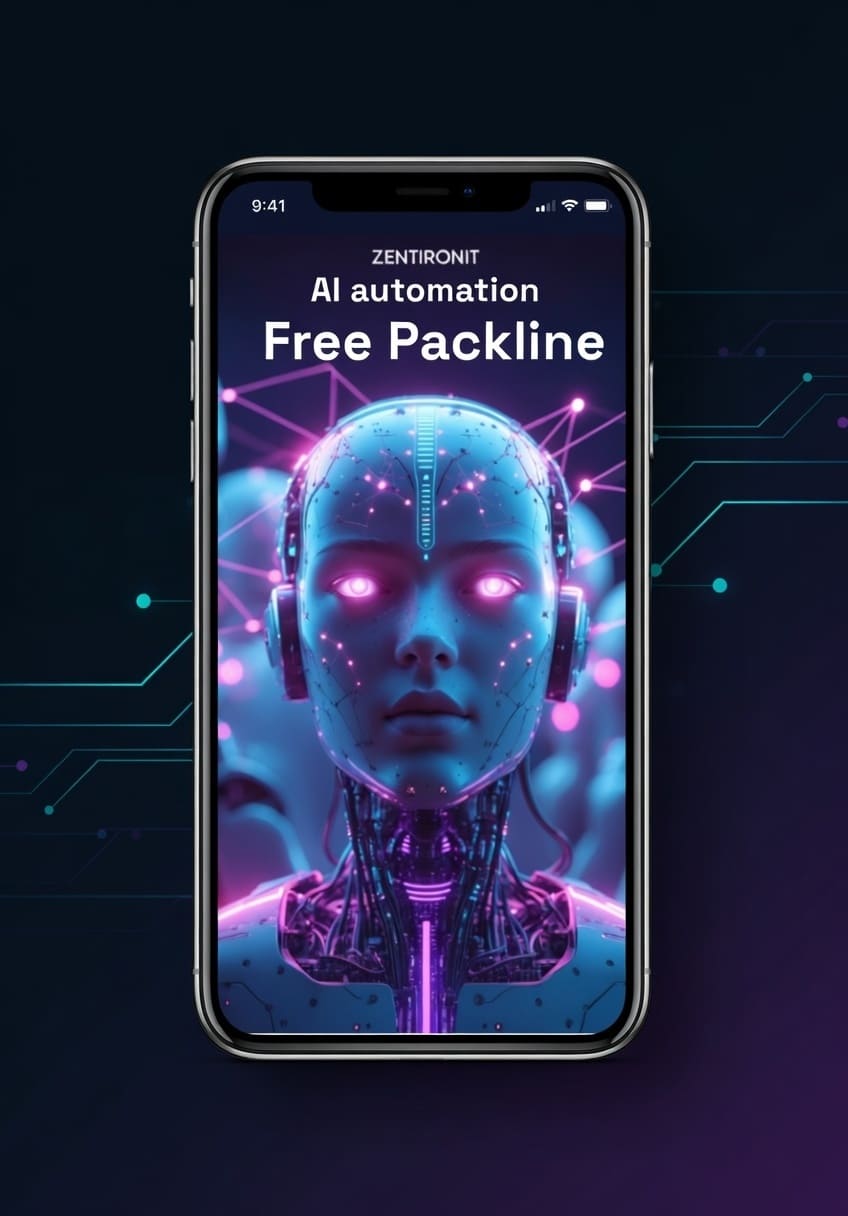 Phone screen displaying a futuristic robot face with Zentronit AI automation text on a dark background