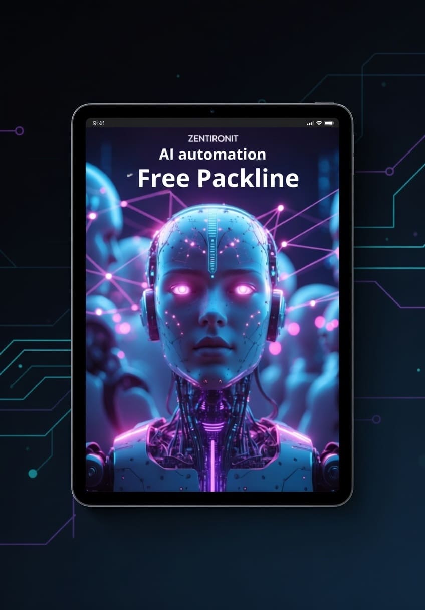 Tablet displaying an AI automation app with a futuristic robot design on a dark background