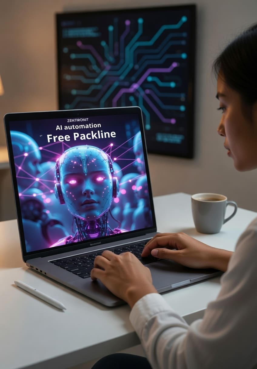 Person using a laptop with a screen displaying AI automation content in a home office setting.