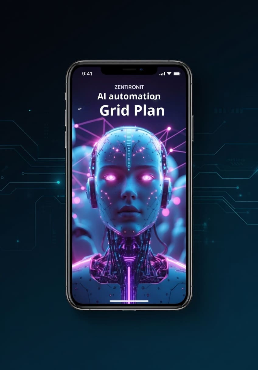 Phone displaying 'Zentronit AI automation Grid Plan' on a dark background with a futuristic robot design.