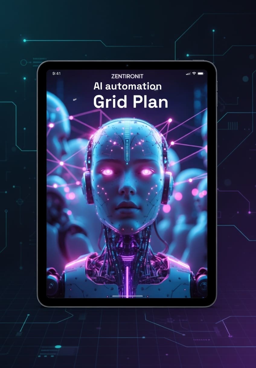 Tablet displaying 'Zentironit AI automation Grid Plan' with a futuristic robot design on a dark background.