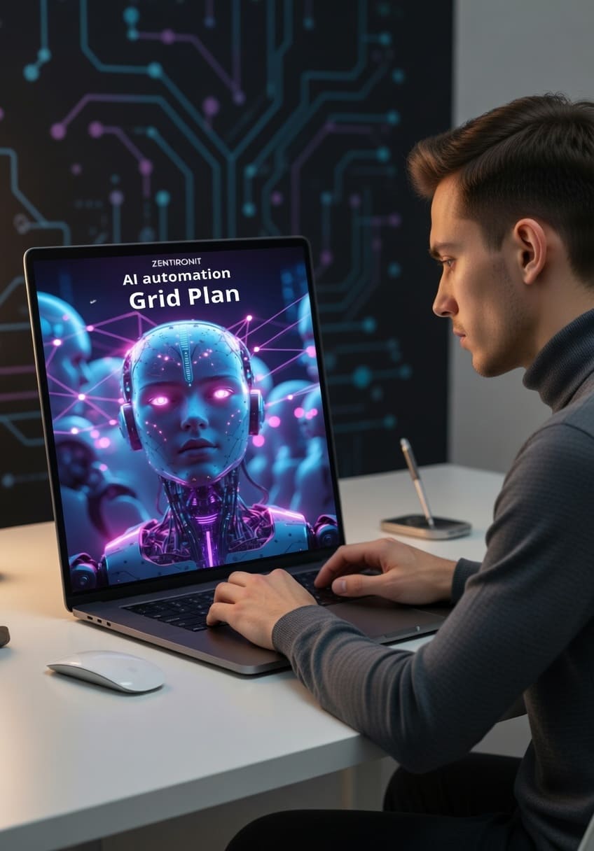 Person working on a laptop with an AI automation grid plan displayed on the screen.
