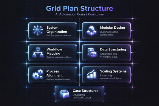 Grid Plan Structure for an AI Automation Course Curriculum on a dark background
