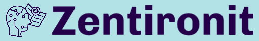 Zentironit logo with a stylized figure holding a check on a light blue background