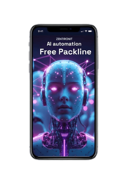 Phone screen displaying a futuristic robot face with Zentronit AI automation text on a green background