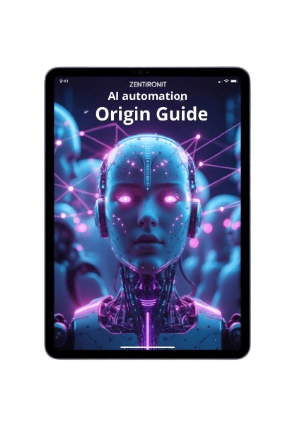 Tablet displaying 'AI automation Origin Guide' by Zentironit with a futuristic robot design on the cover.