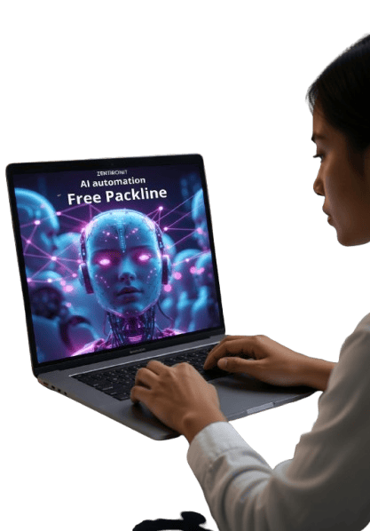 Person using a laptop with an AI automation free packline displayed on the screen.