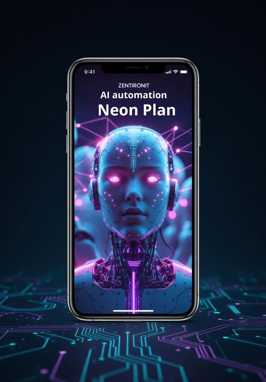 Smartphone displaying an AI automation app with a futuristic design on a dark background