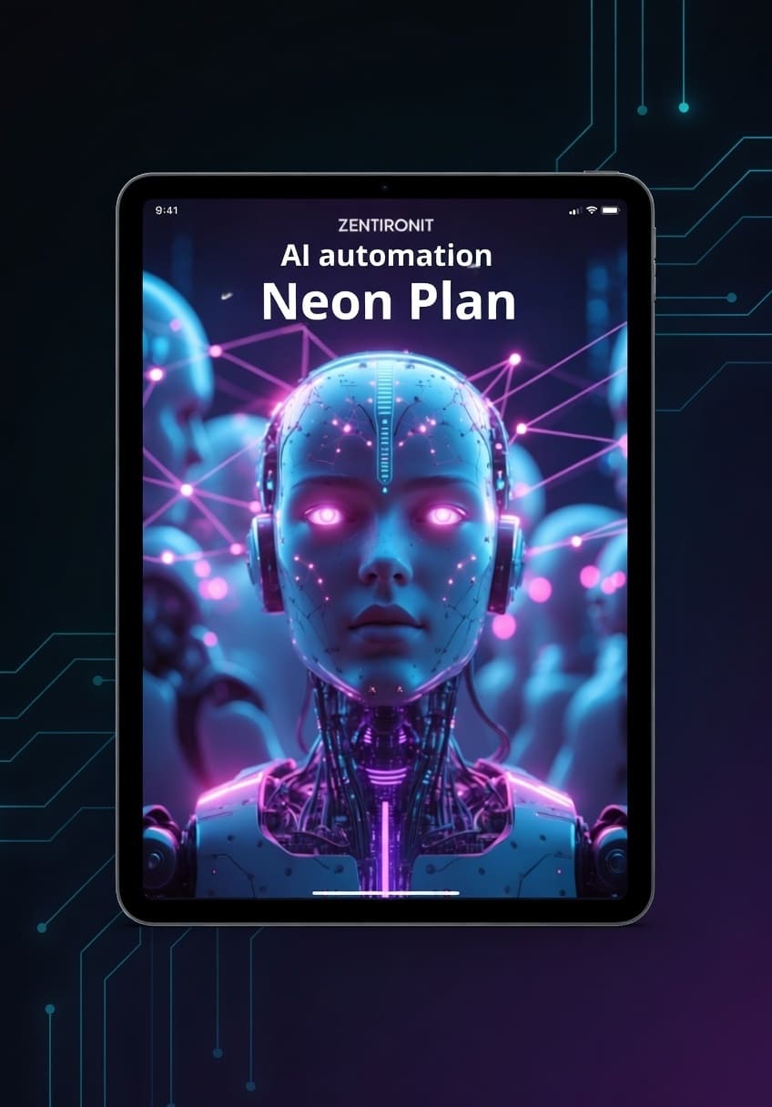 Tablet displaying a futuristic robot with neon lights on a dark background