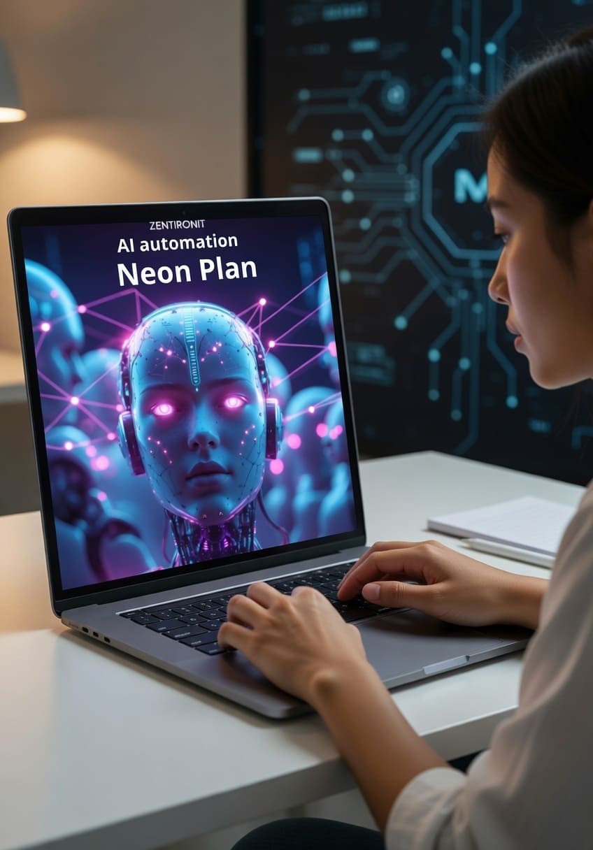 Person using a laptop with a screen displaying 'AI automation Neon Plan' by Zentronite.