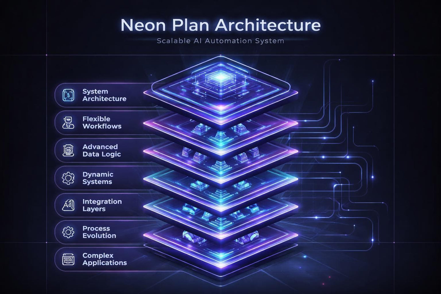 Neon Plan Architecture diagram with futuristic design elements on a dark background