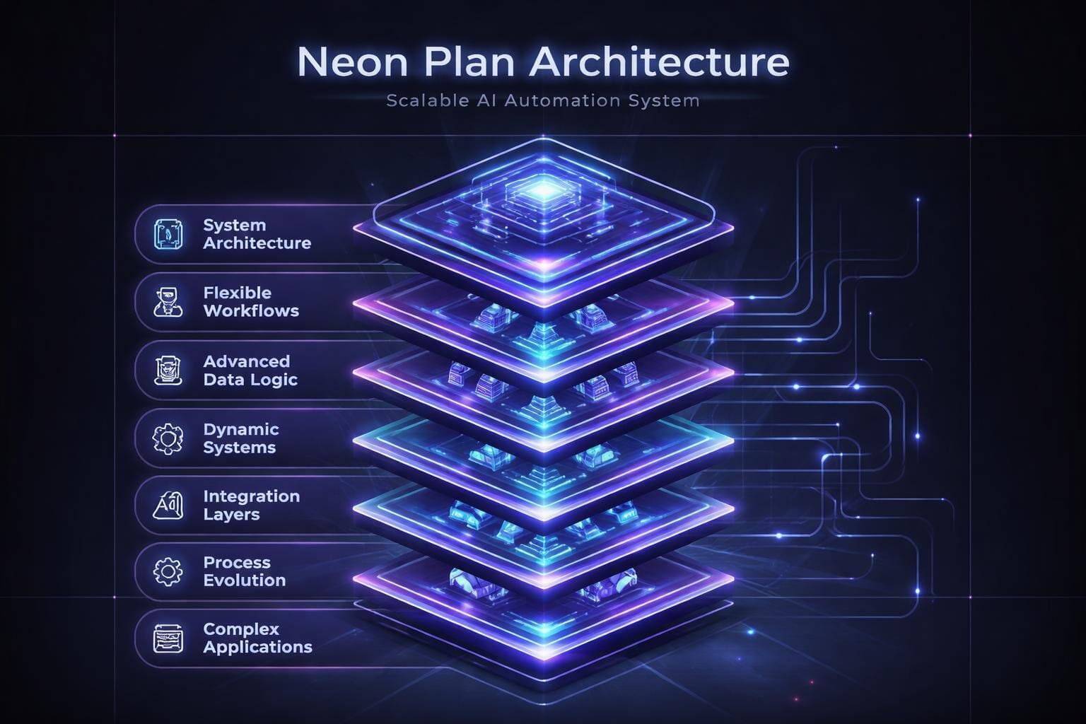 Neon Plan Architecture diagram with futuristic design elements on a dark background