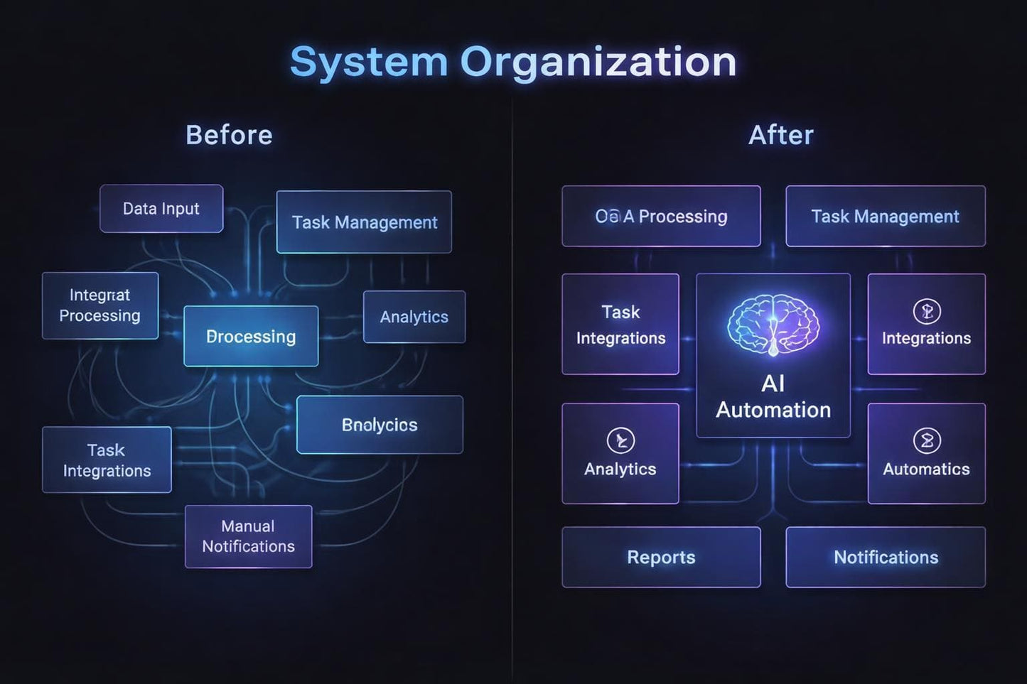Diagram showing system organization before and after AI automation with labeled components.
