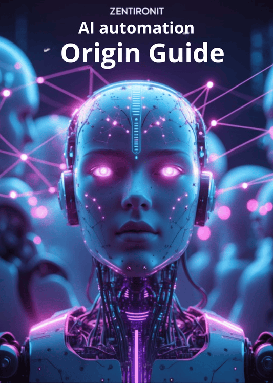 Book cover of 'AI Automation Origin Guide' with a futuristic robot design.