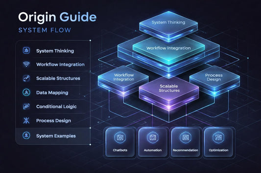 Diagram of system flow with components like system thinking, workflow integration, and scalable structures on a dark background.