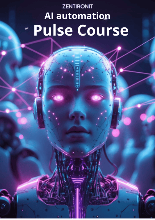Robotic figure with glowing eyes and headphones against a dark background with network-like design, promoting 'AI automation Pulse Course' by Zentironit.